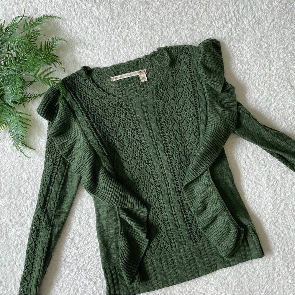 Chelsea & Violet | green ruffle front knit crochet sweater